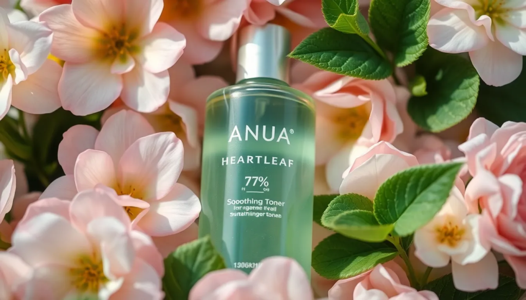 Toner apaisant Anua Heartleaf 77% entouré de fleurs pastel et feuilles vertes en lumière naturelle.