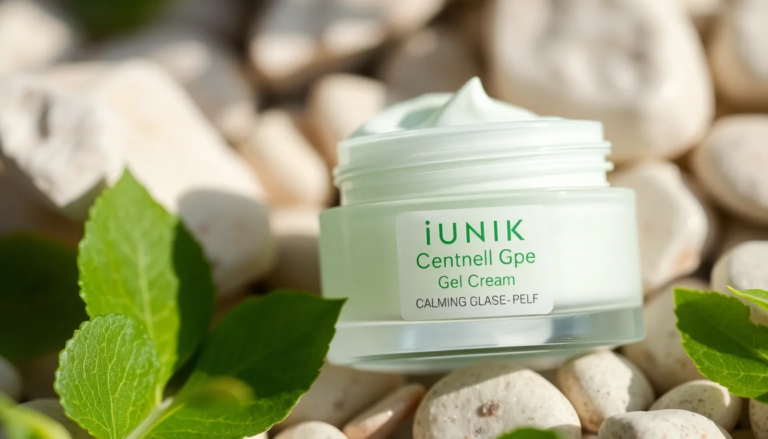 Crème apaisante iUNIK Centella pour peau sensible avec feuilles vertes et galets.