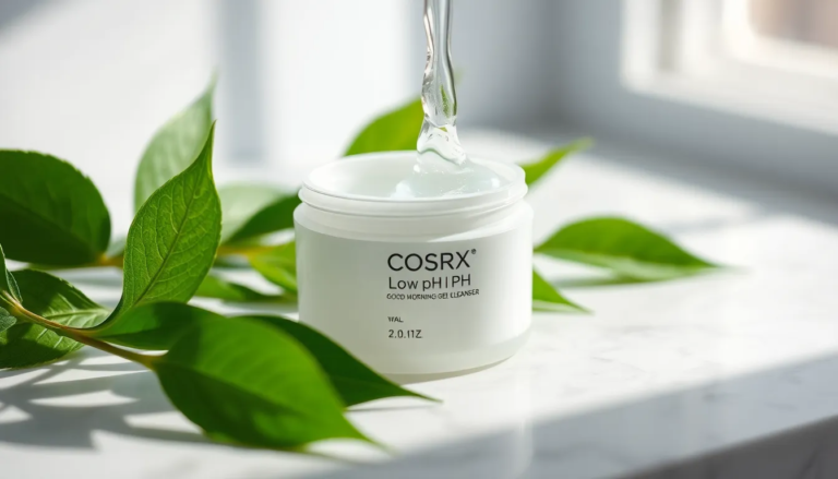 Nettoyant COSRX Low pH Good Morning sur surface marbrée avec lumière naturelle et feuilles vertes.