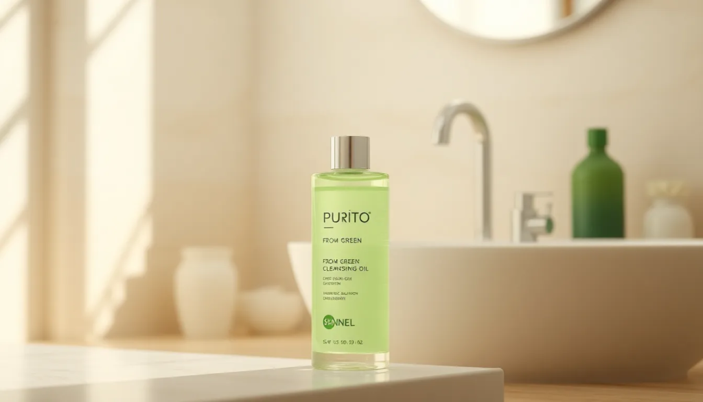 Bouteille d'huile nettoyante Purito From Green dans une salle de bain épurée avec lumière naturelle et ambiance apaisante.