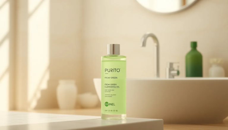 Bouteille d'huile nettoyante Purito From Green dans une salle de bain épurée avec lumière naturelle et ambiance apaisante.