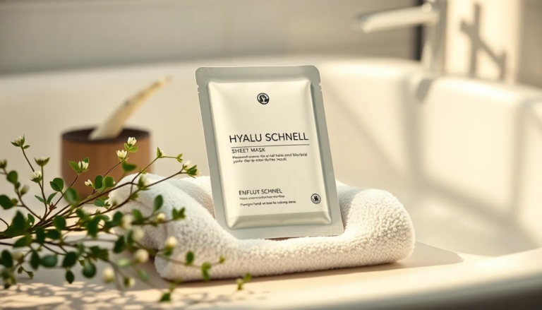 Masque en tissu hydratant à l'acide hyaluronique dans une salle de bain lumineuse avec plantes vertes.